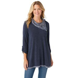 Soft Surroundings Weekending Women’s M Cowl Neck Pullover Top Navy Blue 3/4 Roll